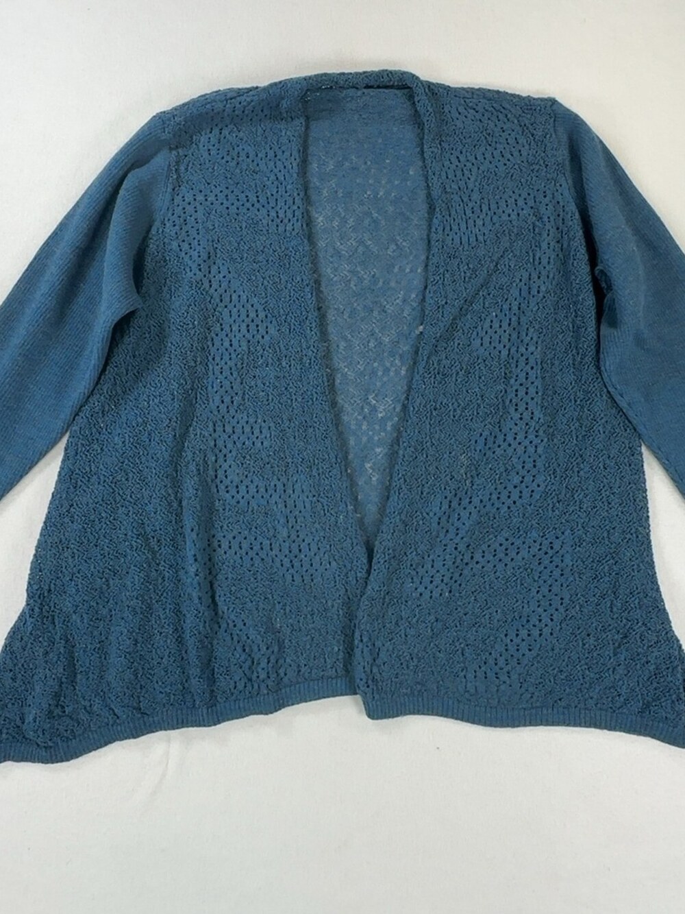 Eileen Fisher Wool Pointelle Knit Open Front Cardigan Teal Blue Women's Size Med